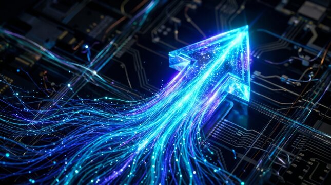 Macro view of glowing blue photonic energy forming a directional arrow on a dark digital circuit board background, symbolizing advanced data transmission and high-speed quantum technology