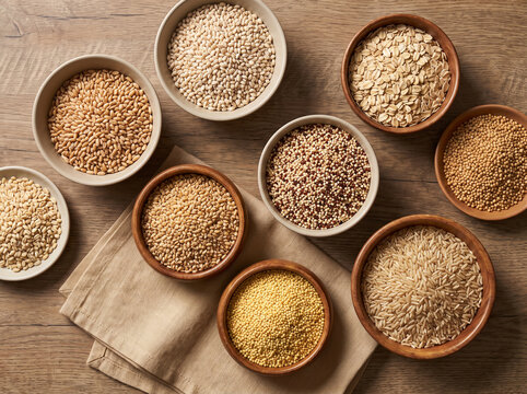 Assorted organic whole grains and cereals in rustic bowls display rich textures and earthy colors for wholesome culinary and diet concepts