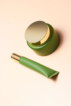 Green Cosmetic Jar and Tube Mockup