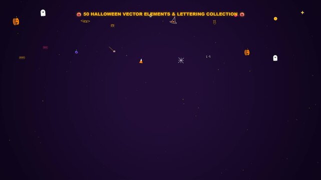 A pristine professional  motion graphic featuring a massive collection of 50 unique hand-drawn Halloween-inspired vector illustrations and typography items. Includes pumpkins,