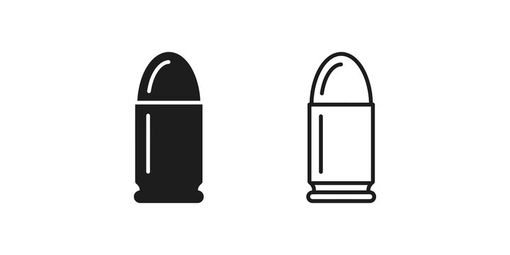Bullet ammunition icon set in solid and line styles for tactical and weapon design.
