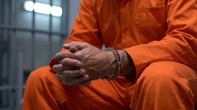 Close-up of a prisoner in an orange jumpsuit sitting with handcuffed hands inside a jail cell