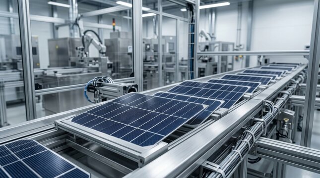 Photovoltaic solar panels moving along an automated production line. Industrial manufacturing facility