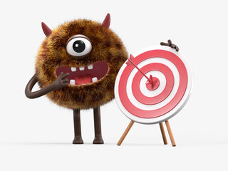 Fluffy, cute monster with a target, symbolizing goals or achievements. 3D rendering, conceptual image. Isolated on white background. © Jane