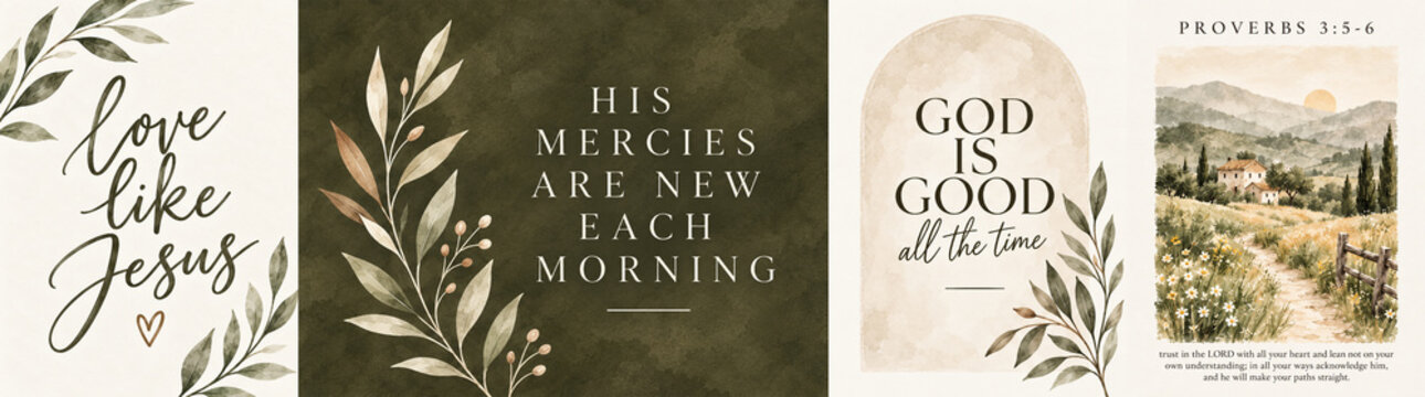 Neutral Christian scripture card set of 4. Earthy olive green watercolor Bible verse art bundle featuring Proverbs 3:5-6, Love like Jesus, and Tuscany landscape