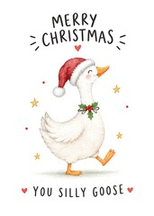 Fototapeta premium Merry Christmas you silly goose funny holiday card. Cute walking white goose wearing Santa hat and pine needle collar winter greeting postcard
