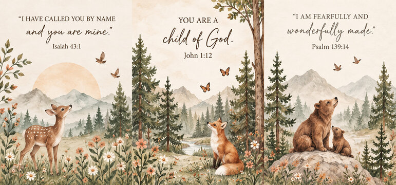 Christian woodland animals scripture wall art set of 3. Watercolor nursery Bible verse prints featuring fawn, fox, bear cub, and mountains