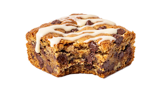 Realistic isolated dessert brownie square, rich chocolate chip blondie brownie with golden baked crust, soft moist texture, visible chocolate chunks and nuts inside