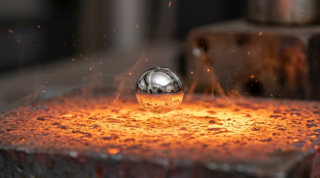 Liquid metal droplet hovering on vapor barrier above glowing hot plate demonstrating Leidenfrost effect in high speed physics science photography