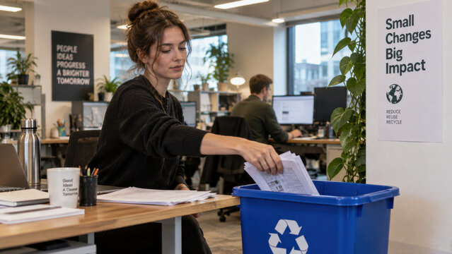 Woman dropping office documents into a blue recycling bin beside an open plan workspace. Documentary lifestyle photography for sustainability reporting and workplace ESG communication.