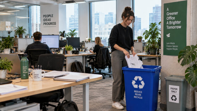 Office employee sorting paper into a blue recycling bin in a modern sunlit open plan office. Documentary lifestyle photography for sustainability reporting and workplace ESG communication.