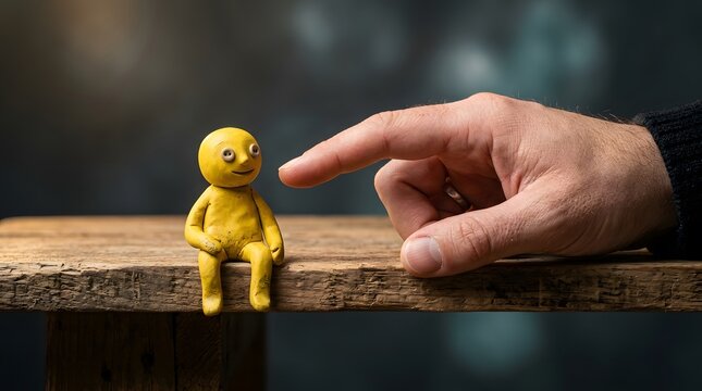 This captivating image portrays a miniature golden humanoid figure seemingly threatened by a looming human hand creating a dramatic and thought provoking visual