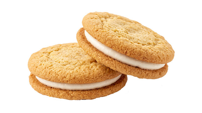 Realistic isolated sandwich cookies, two round golden butter cookies with a smooth white cream filling layer, one cookie lying flat and another slightly tilted on top, crisp baked texture