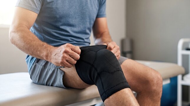 Middle aged man putting black elastic knee brace support sleeve on his leg in clinic office.