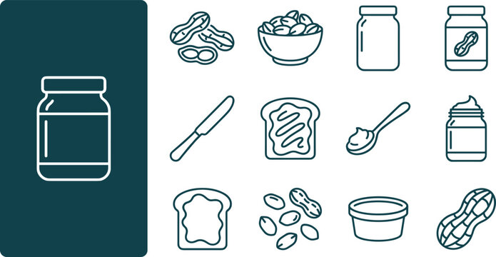 Set of peanut butter icons, including jars, peanuts, toast, knife, and spoon, perfect for food and breakfast related designs