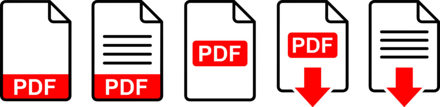 Set of pdf document file icons with text and download arrows
