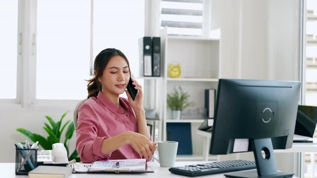 Coffee, phone call and  business woman on business call for communication, advisor and planning.  contact and professional chat , discussion.