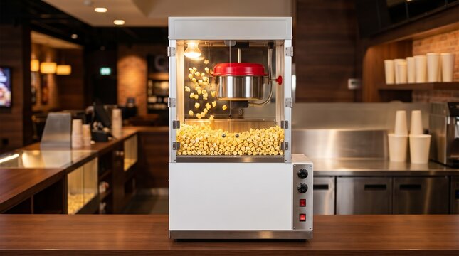 Commercial popcorn machine in a bustling, high-end cinema lobby or restaurant setting, clean, bright