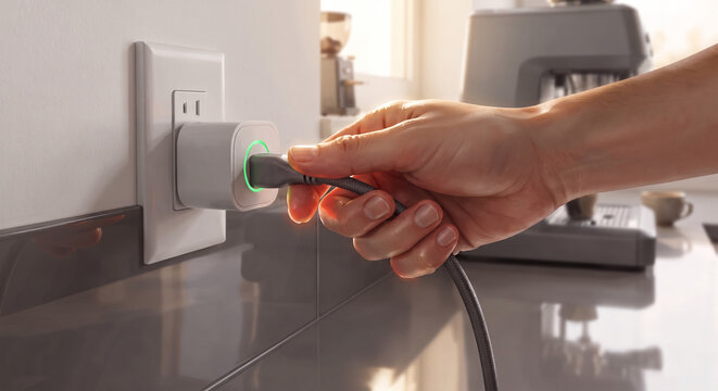 Hand plugging braided cable into smart plug adapter on kitchen wall outlet