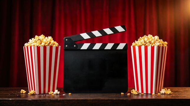 Movie night clapperboard with popcorn buckets on a wooden table red curtain background.