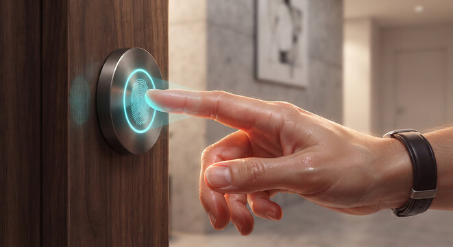 Close up of hand using biometric fingerprint scanner on wooden door for high security access