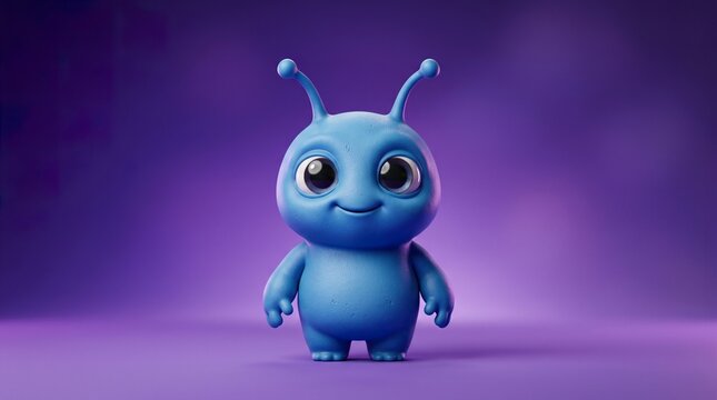 Small blue alien character with big eyes and antennae stands on purple studio background.