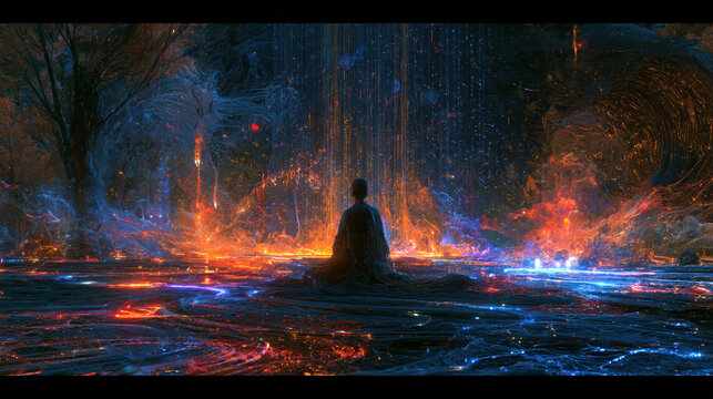 Meditation portal mystical fantasy silhouette figure energy glow spiritual temple digital art concept illustration