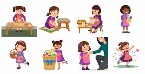Fototapeta premium Cute little girls set baking and packaging homemade cookies, children learning culinary skills and selling treats for charity or school fair