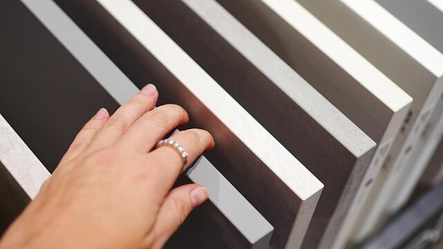 Woman touches countertop samples while choosing material in furniture showroom. Home renovation and interior design choice captured with selective focus and shallow depth of field