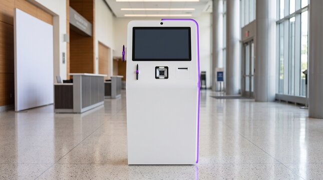 Modern interactive digital kiosk standing in a bright minimalist corporate lobby for event check in