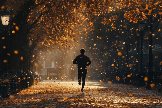 A man running in an autumn park, surrounded by trees with golden leaves The scene is captured from behind, and the runner's backside can be seen clearly, Generative AI