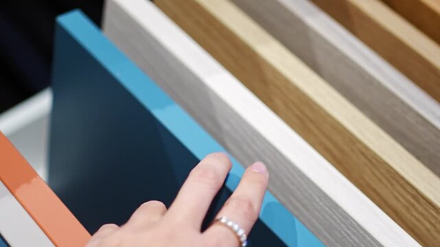 Woman touches countertop samples while choosing material in furniture showroom. Home renovation and interior design choice captured with selective focus and shallow depth of field