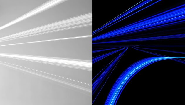Abstract split-screen design showcasing dynamic light trails and fiber optic curves for tech branding materials