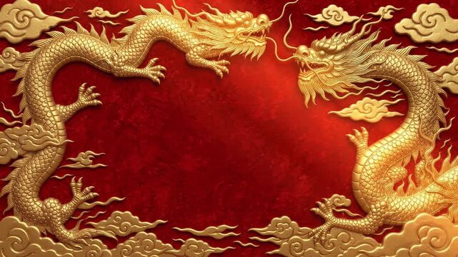 Golden Chinese dragons frame an open red center as clouds shift in a traditional ornamental animation