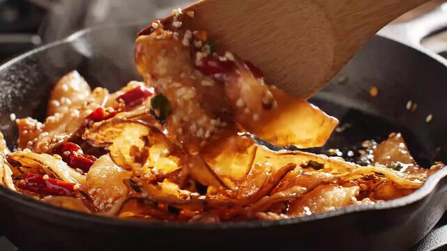 Stirring Spicy Sesame Glazed Crispy Chips with Chili Peppers in Cast Iron Skillet