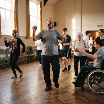 A cheerful man dances and laughs during a group movement class in a community hall, surrounded by participants of different ages including a woman in a wheelchair.