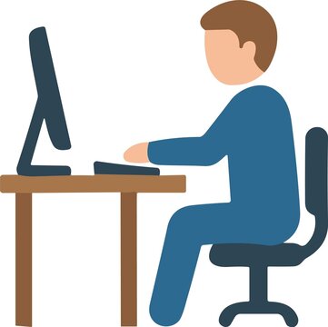 Office worker icon sitting at a desk using a computer for business productivity and corporate tasks for commercial use