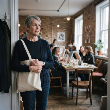 A senior woman stands in a doorway holding a tote bag while a group works on paintings at easels in a bright brick walled art studio behind her.