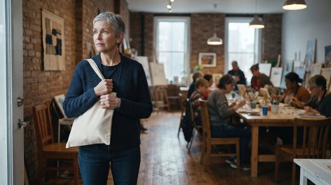 A senior woman stands in a doorway holding a tote bag while a group works on paintings at easels in a bright brick walled art studio behind her.