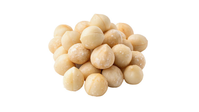 Small pile of raw peeled macadamia nuts crop isolated on transparent background