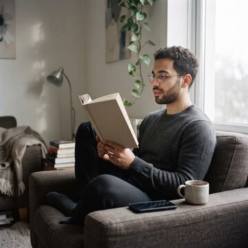A young man wearing glasses reads a book while relaxing on a couch at home, with a mug and phone resting on a small wooden table beside him.