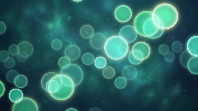 Emerald green and teal translucent light spots shift through layered parallax with a radiant halo, creating a modern romantic abstract background for digital media and video.