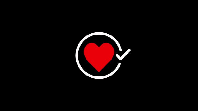 Heart icon and checkmark with circle animation on black background. Medical heart icon with check mark and circle animation for medical records, insurance, and healthcare approval concepts