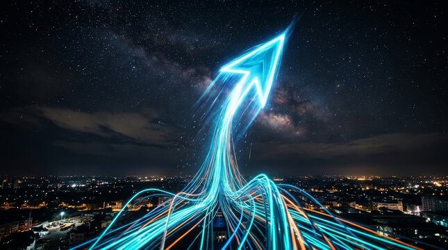 Dramatic low angle view of a glowing blue digital arrow rising from a night city skyline towards the starry sky, symbolizing exponential business growth, success, and futuristic data trends.