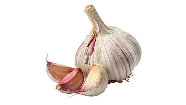 Fresh raw garlic bulb and cloves isolated on transparent background