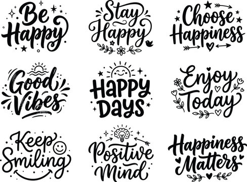 Collection of hand lettered phrases with positive affirmations rendered as a black vector illustration affirmation cheerful