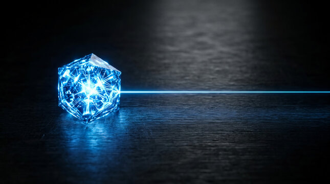 Futuristic Glowing Blue Crystal Prism Emitting a Horizontal Laser Beam Across a Dark Textured Wood Surface, High Tech Laboratory Energy Source with Cyberpunk Lighting and 3D Render Style