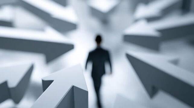 A lone person walks through a maze of directional arrows, symbolizing choice and decision-making. The arrows point in various directions, creating a sense of confusion and uncertainty.