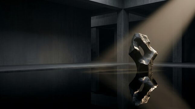 Minimalist Black Water Reflection with Abstract Stone Sculpture &mdash; Luxury Fashion Editorial Background with Copy Space for Branding and Visual Communication Design