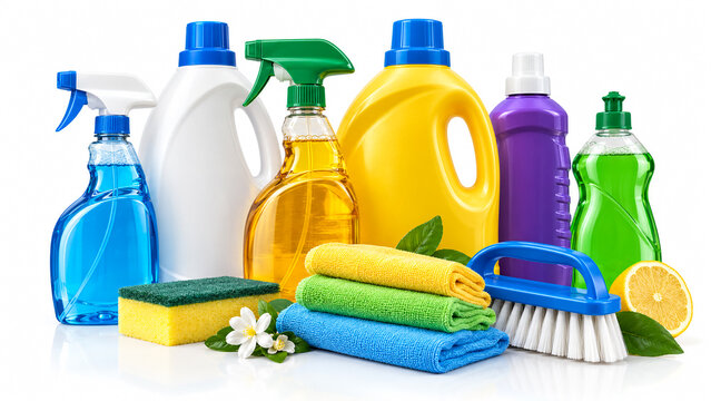 Assorted household cleaning products and supplies isolated on a bright white background.